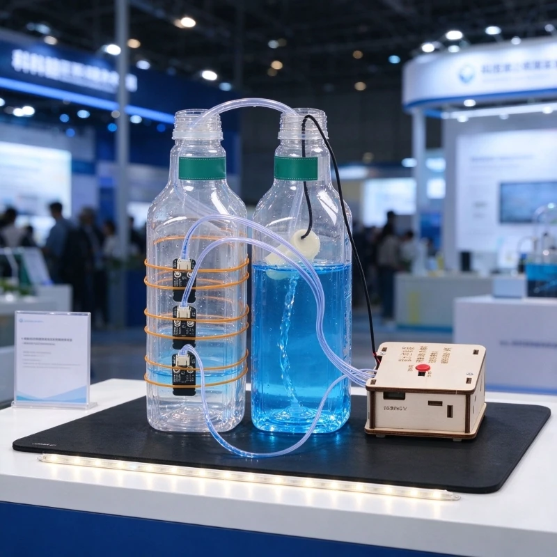 projet-d'experimentation-controle-du-niveau-d'eau-avec-boitier-en-bois-petite-pompe-tubes-transparents-modules