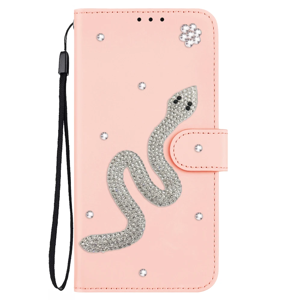 

PU Leather Phone Case for IPhone 13 12 Mini 15 14 11 16 Pro Max XS X XR 7 8 Plus Flip Wallet with Card Holder Bling Snake Cover