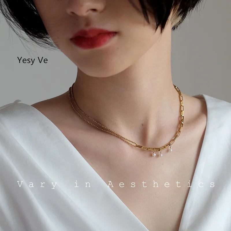 Yesy Ve Women Natual Pearl Necklace Patchwork Metal ins Style European Not Fade Choker Necklaces Female New Arrival