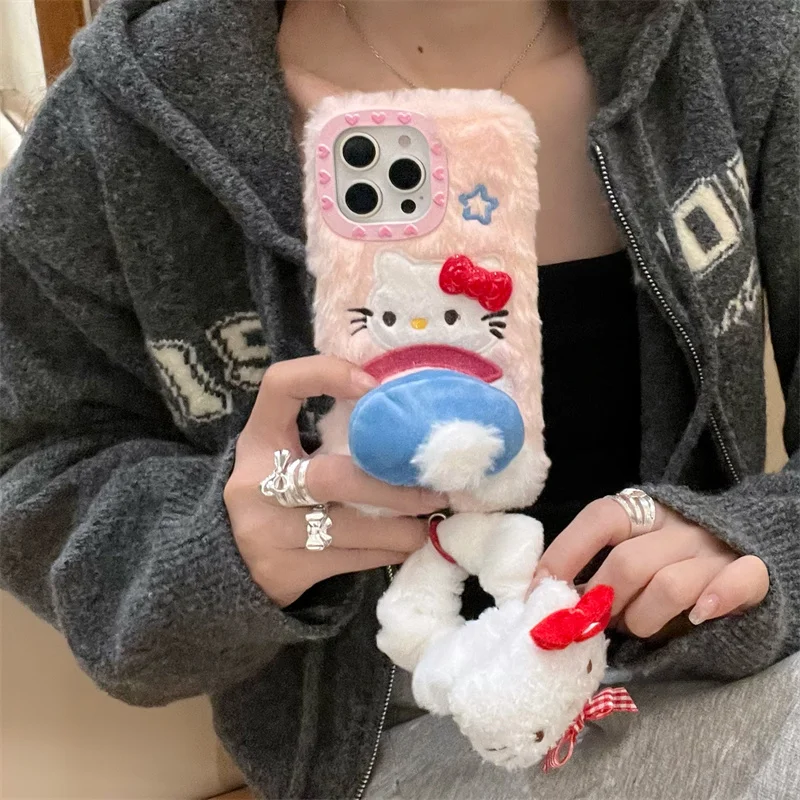 Cute Plush Hello Kitty Funny Pull And Turn Around Hairball Butt KT Case For iPhone 11 12 13 14 15 16Pro Max Wool Warmth KT furry