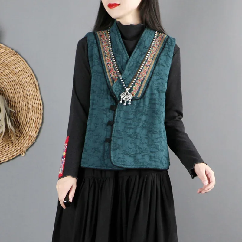 Ethnic Embroidery V Neck Cotton Linen Vest Women Traditional Vintage Waistcoat Chinese Style Harajuku Gilet Tang Suit Sleeveless