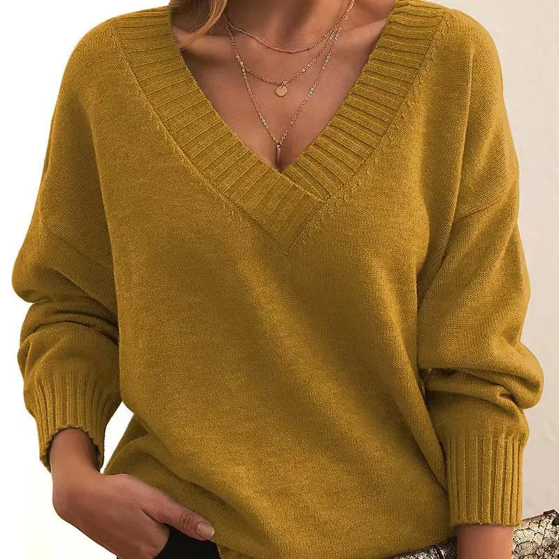 New Knitted Pullover for Women Loose V-neck Casual Versatile Knitted Sweater for Women European and American Style