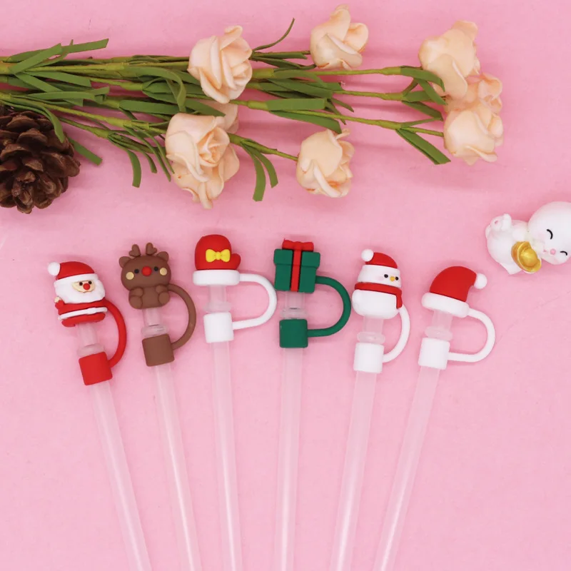 6pcs 10mm Christmas Straw Cover Cap Reusable Dust-Proof Straw Tips Lids Xmas Cup Straw Topper Christmas Dinner Table Decor