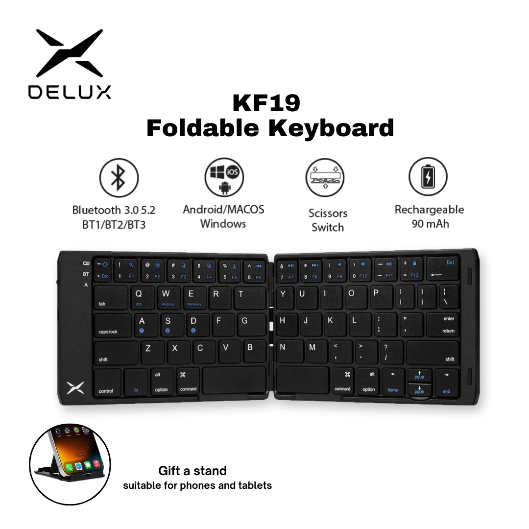 Delux KF19 Folding Wireless Keyboard Bluetooth Rechargeabl Portable Multi-Device Compatible for Windows Android IOS Tablet Phone