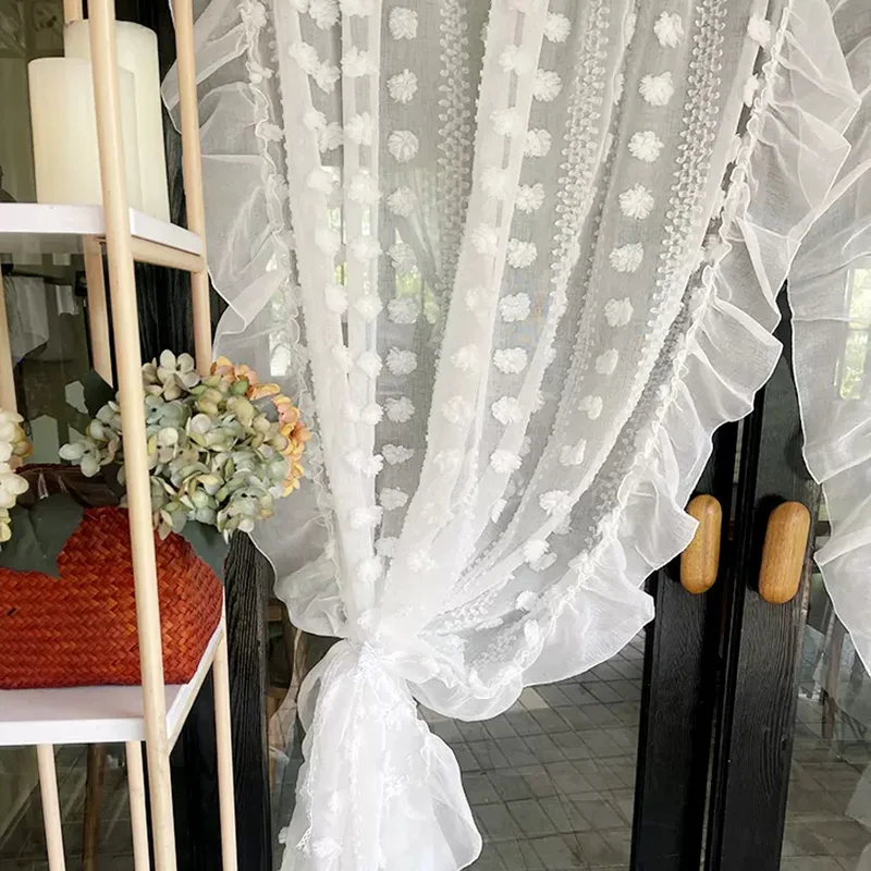 3D White Pompom Embroidery Curtains for Living Room Modern Striped Sheer Ruffle Design Translucent Voile Window Luxury Drapes