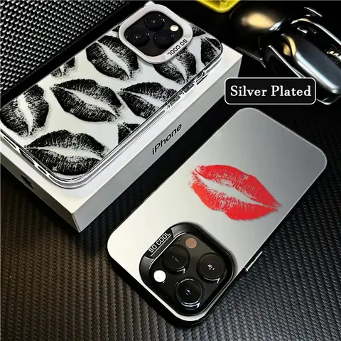 Custodia per telefono con labbro nero in stile gotico per iPhone 15 14 13 12 11 Pro Max XS X XR 7 8 Plus SE 2020 Cover interna placcata argento colorato