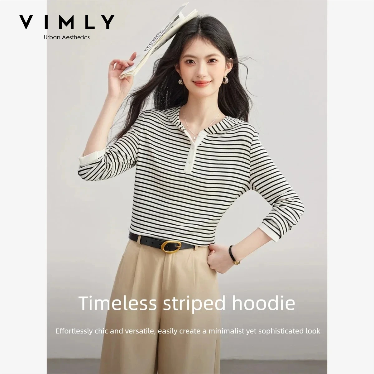 VIMLY Striped T-shirt Women 2026 Fashion Contrast Hooded Long Sleeve Tees Elegant Casual Black White Striped Basic Tops A6811