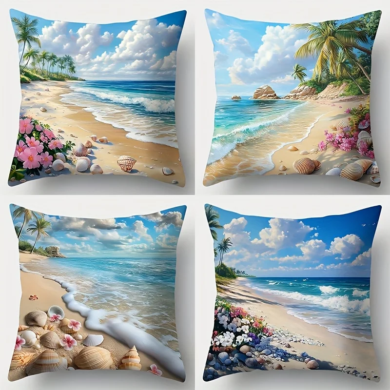 1PC 2D Flat Tropical Beach Scene Throw Pillow Covers Coastal Scenic Cushion Cases for Home Decor