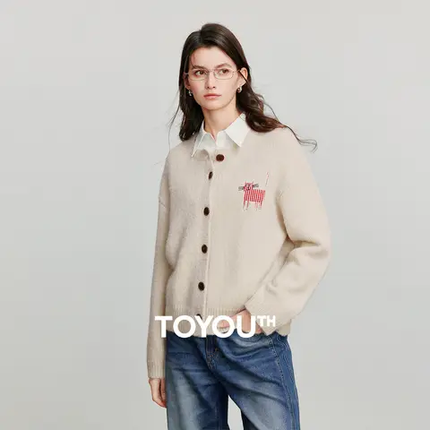 TOYOUTH Frauen Gestrickte Pullover 2025, Herbst Neue Katze Patchwork Bestickt Einreiher Taste Wolle Strickjacke Tops