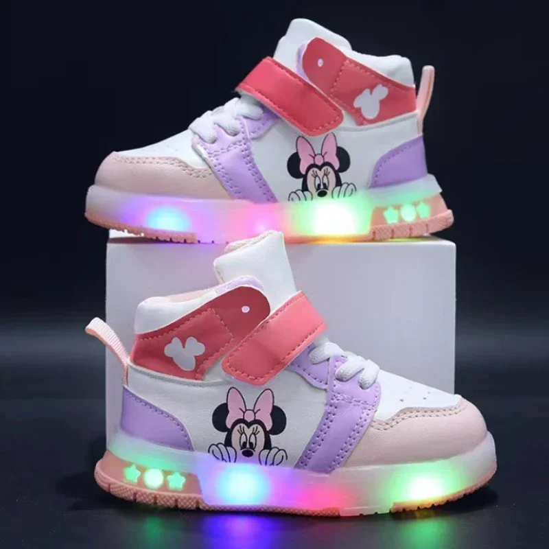 Disney Children\'s Sneaker Cute Minnie Mickey Cartoon Led Lighted Shoes for Kids Boys Girls Luminous Shoes Toddler Flash Lights