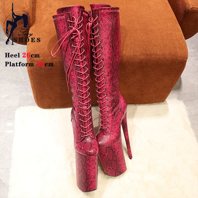 New 2024 Knee-High Boots For Women Snake Pattern High-heels Model Show Shoes Platform Thin Heels 26CM Pole Dance Stripper Shoes