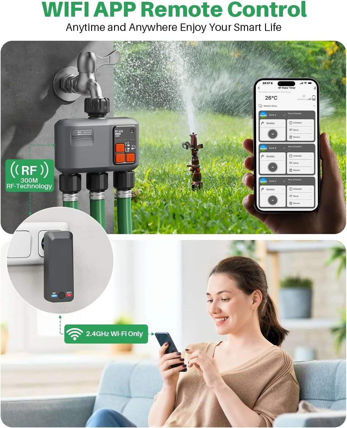 

WiFi Sprinkler Timer 3 Zone with 984 Feet RF Gateway, 3 Outlet Smart Water Timer for Garden Hose with Rain Delay/Manual