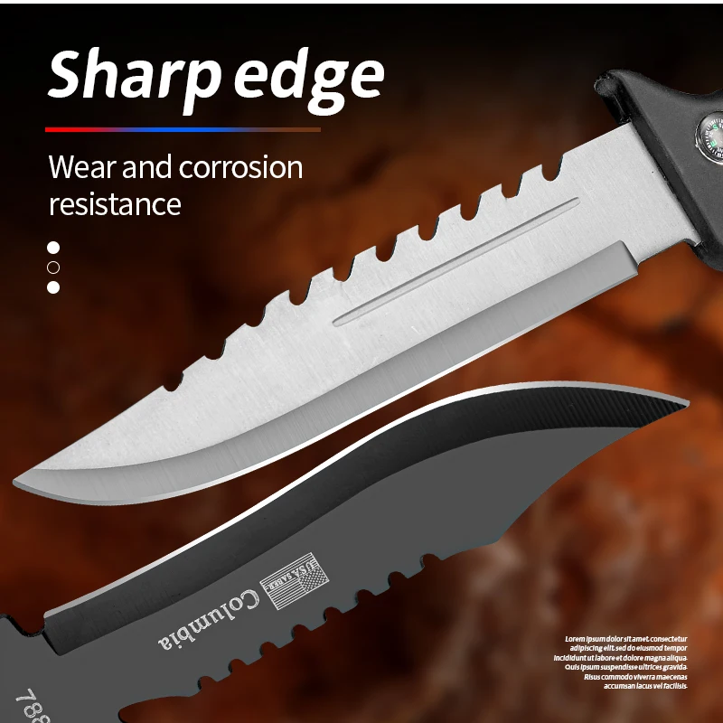 1PC Outdoor Survival Knife with Compass, High Hardness Tactical Knife, Self-Defense Knife, Stainless Steel Cutting Knife