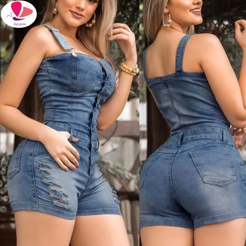 Denim OverallsWomen Jeans Cropped Pants Overalls Jumpsuits Poled Distressed Casual Fit Summer Playsuits