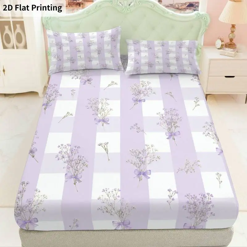 3Pcs Lavenderstripe Fitted Sheet Three Piece Set (1*Fitted Sheet + 2*Pillowcases, Coreless), Bedding Set