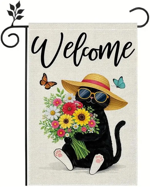 Cat Welcome Garden Flag 12x18 Inch, Cute Black Cat Floral Garden Flag, Butterfly Outdoor Decorative Yard Flag for Lawn Porch jjp