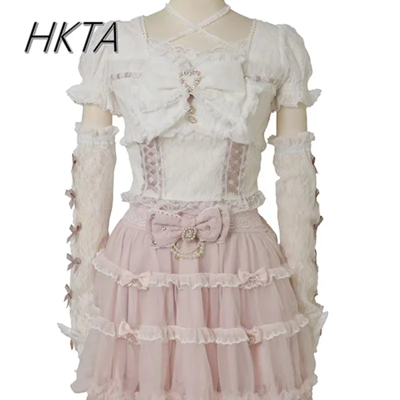 DY20Japanese Sweet Heavy Industry Splicing Sleeve Strap Lace Bow Lace Shirt Summer Autumn New Elastic Slim Long-sleeve Tshirt To