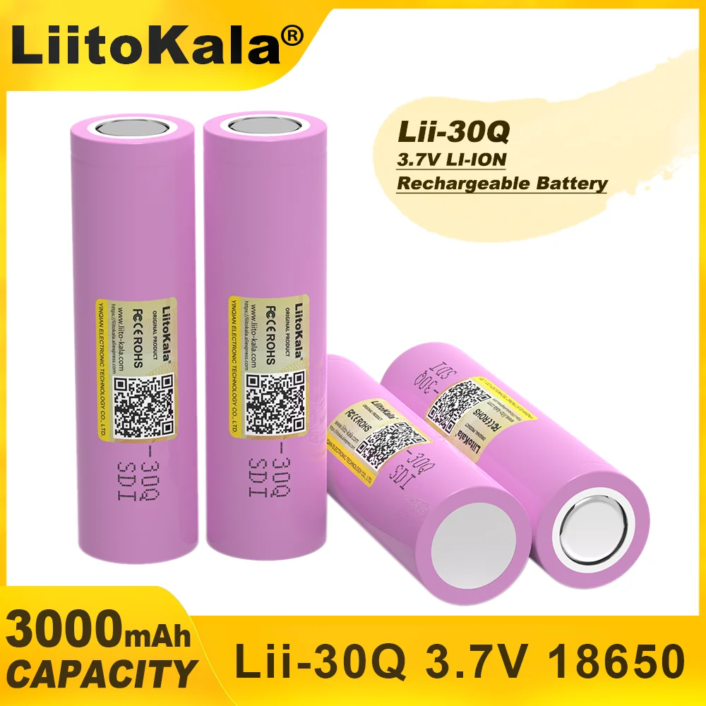 LiitoKala Original 3.7V 18650 INR18650 30Q 3000mAh lithium Rechargeable battery Discharge 15A 20A Batteries for Power tools