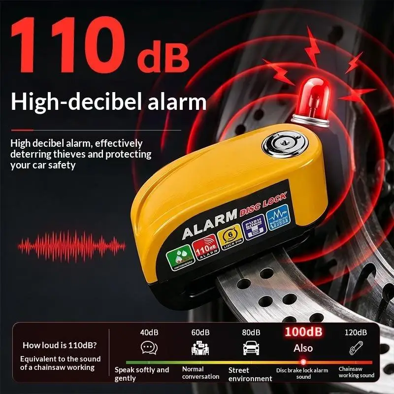 Alarm Disc Lock Anti Theft 110dB Waterproof Motorcycle Disc Brake Lock Aluminum Alloy With Reminder Cable For Scooter Bike Part