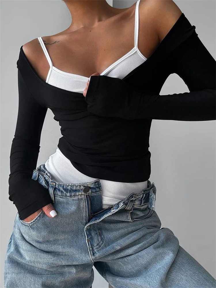Female Commute Tee Top 2026 Summer Fashion Contrast T-shirt 2 Piece-Set Women's Off-Shoulder Long Sleeve Patchwork Cropped Top