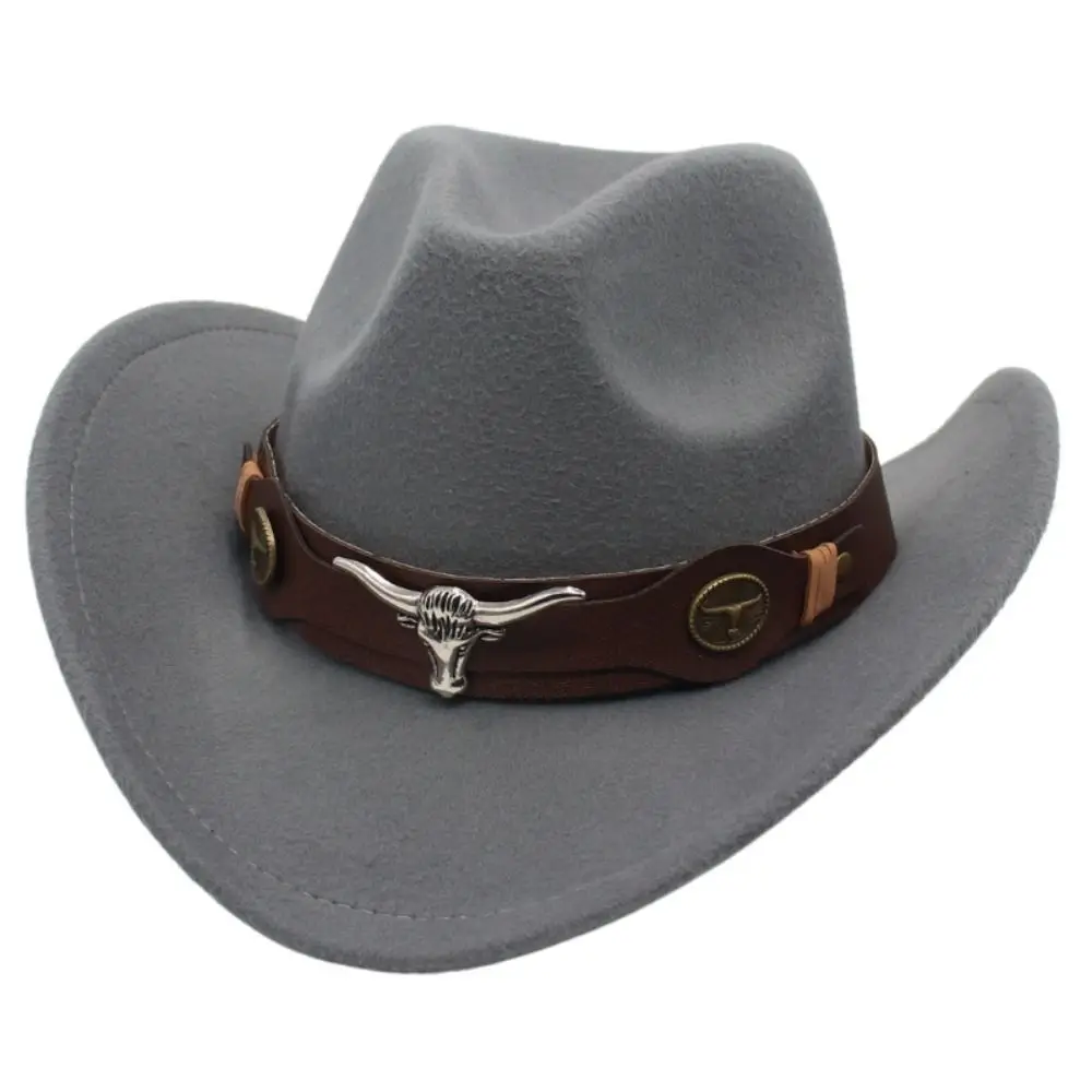Felt Western Cowboy Hat Ox Head Accessories Ethnic Style Roll Brim Cowgirl Cap Soft with Cow Band Tibetan Style Top Hat Children
