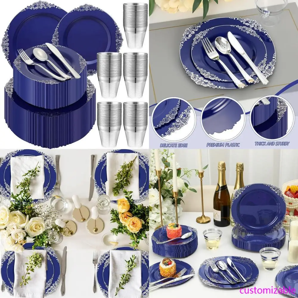 

450-Piece Navy Blue Heavy Duty Plastic Dinnerware Set with Silver Accents Including 75 Dinner Plates and 75 Salad Plates