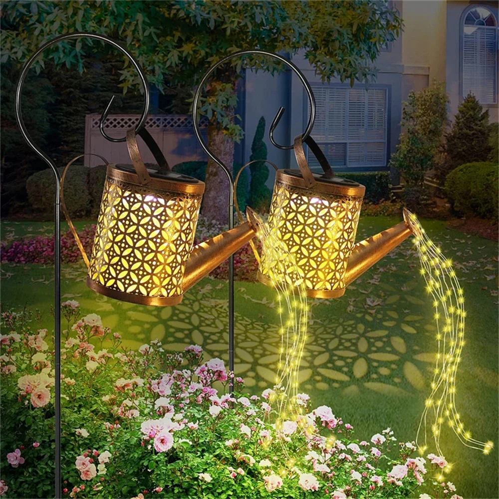 solar watering can light metal pendurado cachoeira fairy string lights a prova dagua jardim ao ar livre patio caminho vine decor 01