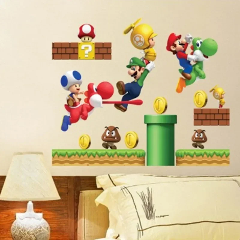 Super Mario Bros Wallpaper Anime Luigi Wall Stickers Children Bedroom 3D Background Mural Stickers Decorate Kindergarten Poster