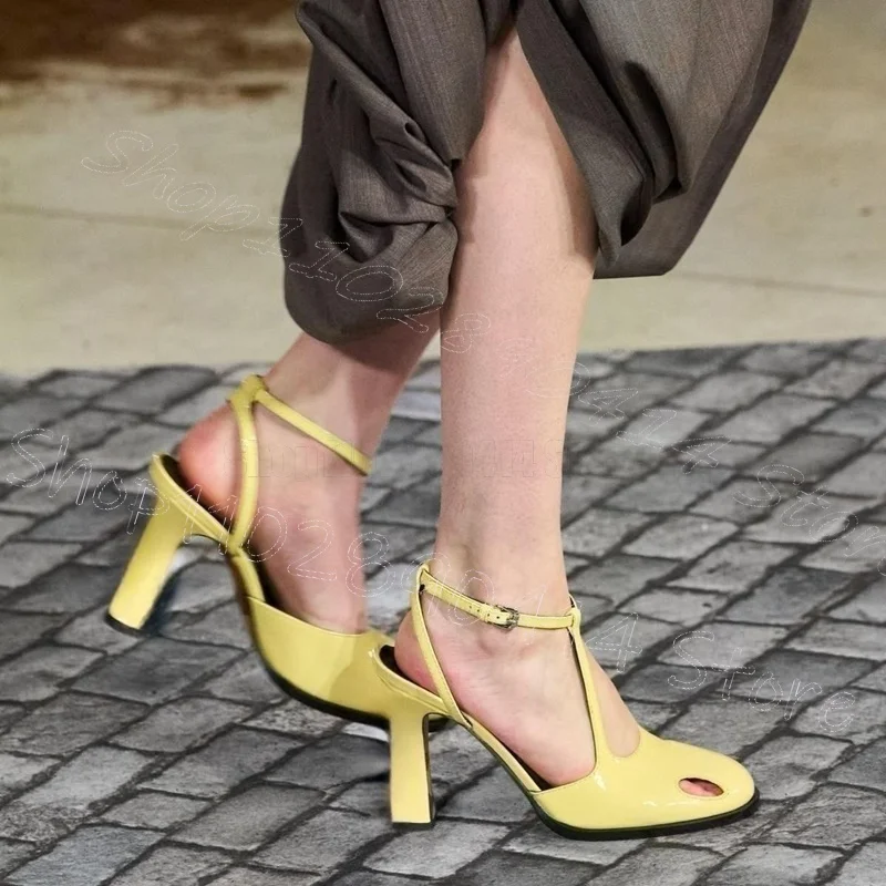 

Yellow Hollow Design Patent Leather Runway Pumps Buckle Strap Women Shoes Thin High Heels Party Dating 2026 Zapatos Para Mujere