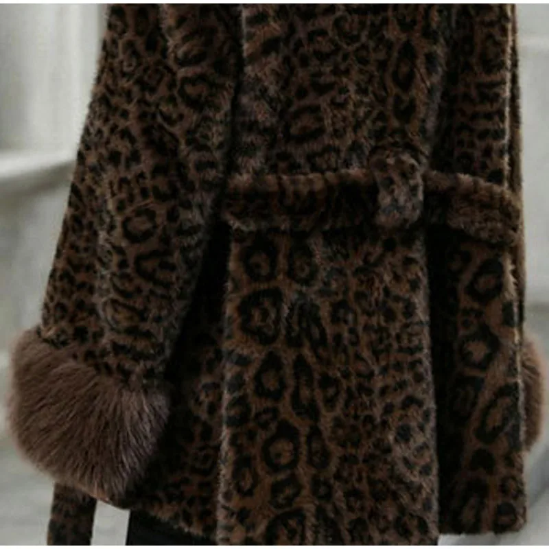 Tie Waist Faux Fur Coat Leopard Pattern Shawl Lapel Furry Cuff Splicing Long Sleeve Loose Chic Jacket 2026 Women's Fashion Coats