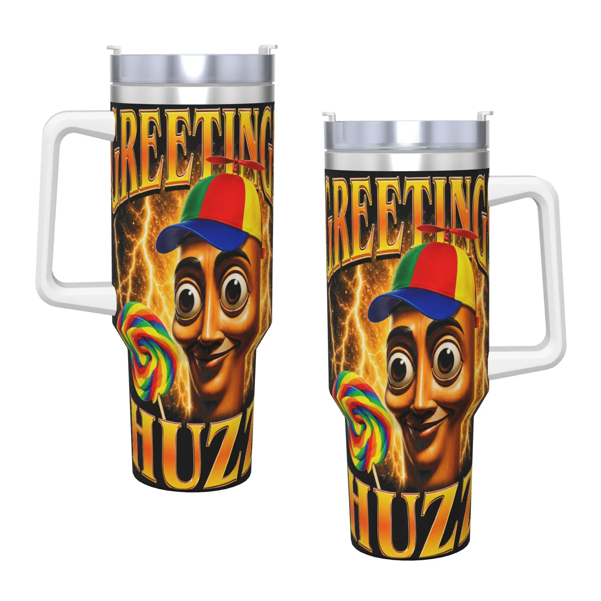 Greetings Huzz Fun Lollipop Tung Tung Sahur Meme Stainless Steel Tumbler Driving Thermal Mug With Straws and Lid Large Car Mugs