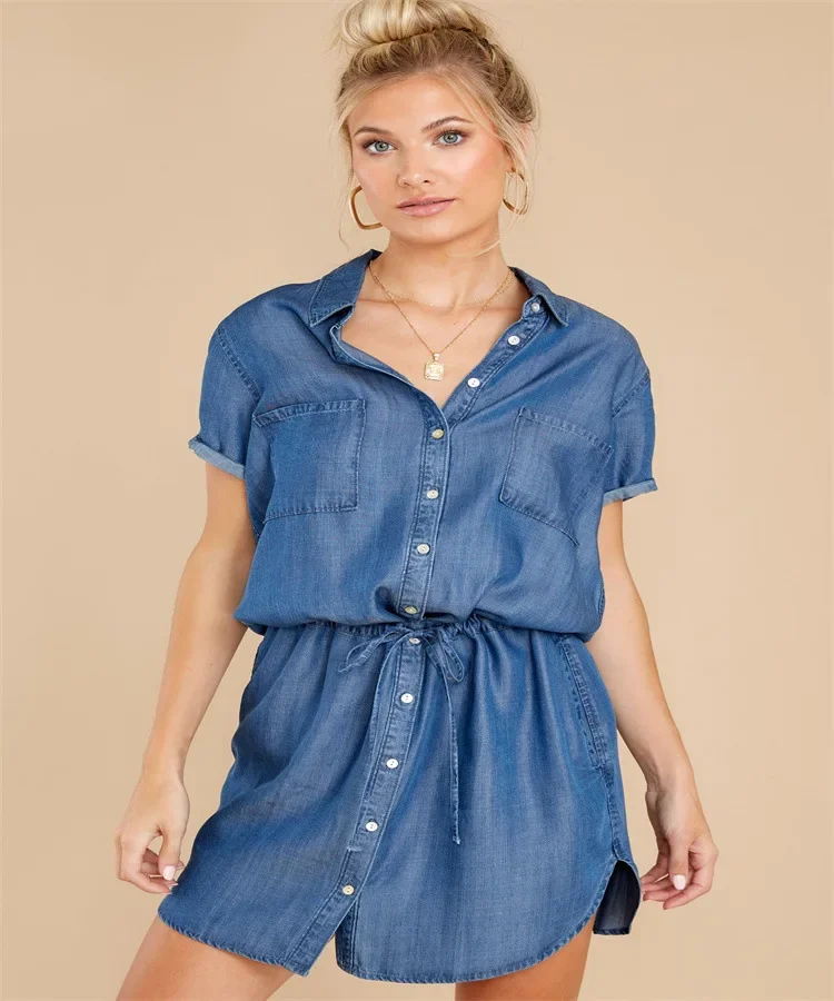 قمصان جينز نسائية عصرية أمريكية جديدة بلون سادة وأزرق داكن وأكمام قصيرة سترات نسائية عصرية غير رسمية تنورة ملابس الشارع الشهير