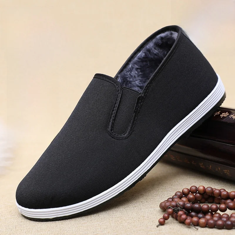 Thickened Fleece Lined Beijing Cloth Shoes Men's Work Driving Comfortable Soft Cotton Shoes round Toe Flat Heel Plastic Outsole