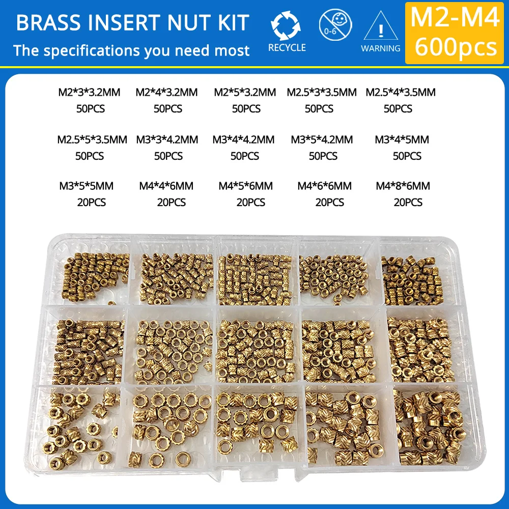 M2 M2.5 M3 M4 M5 M6 Threaded Inserts Brass Heat Set Insert Nut Hot Melt Knurled Double Twill Embedment Copper Nut Assortment Kit