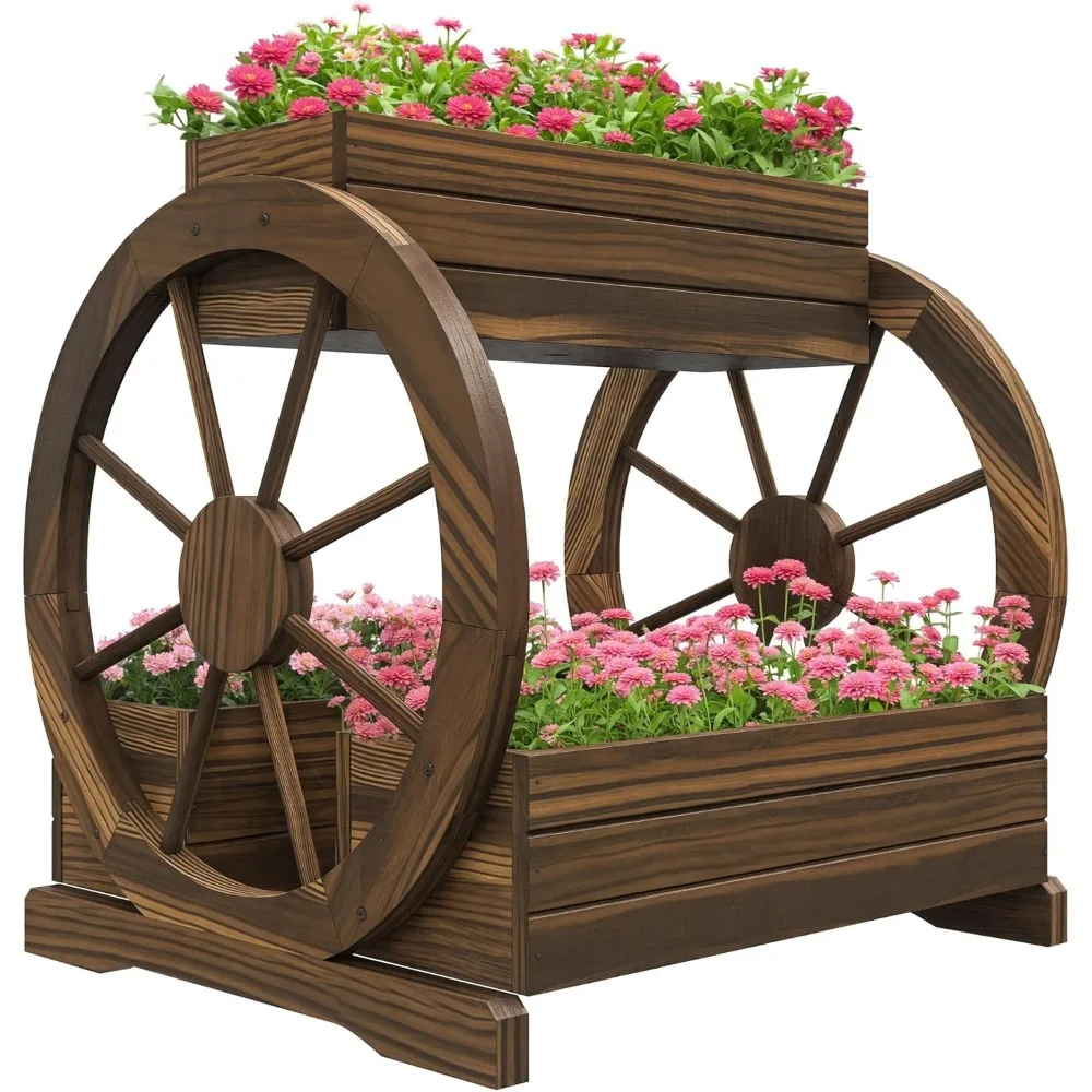 2-Tier Wooden Wagon Planter Box with Drainage Holes for Vegetables Flowers Herbs, 25x21x24 Inches