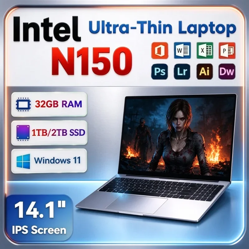 Cost-effective 14.1" Laptop Windows 11 Intel N150 32GB RAM 2TB SSD Ultra Slim Notebook For Study Business And Daily Game