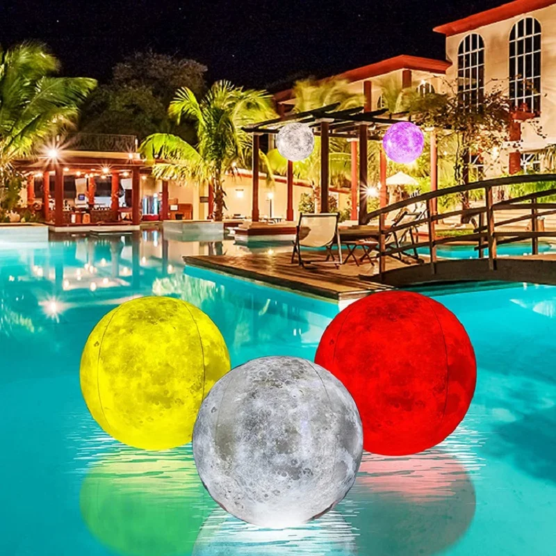 PVC Beach Ball with LED 16-Color Light-Up Moon Pattern. Outdoor Swimming Pool Inflatable Floating Ball with Water Ripple Light.
