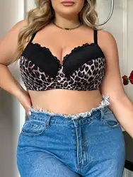 Leopard Print Sexy Lace Stitching Underwear For Ladies D Cup Plus Size Women's Clothing Suitable For Buxom Women Bra B2414