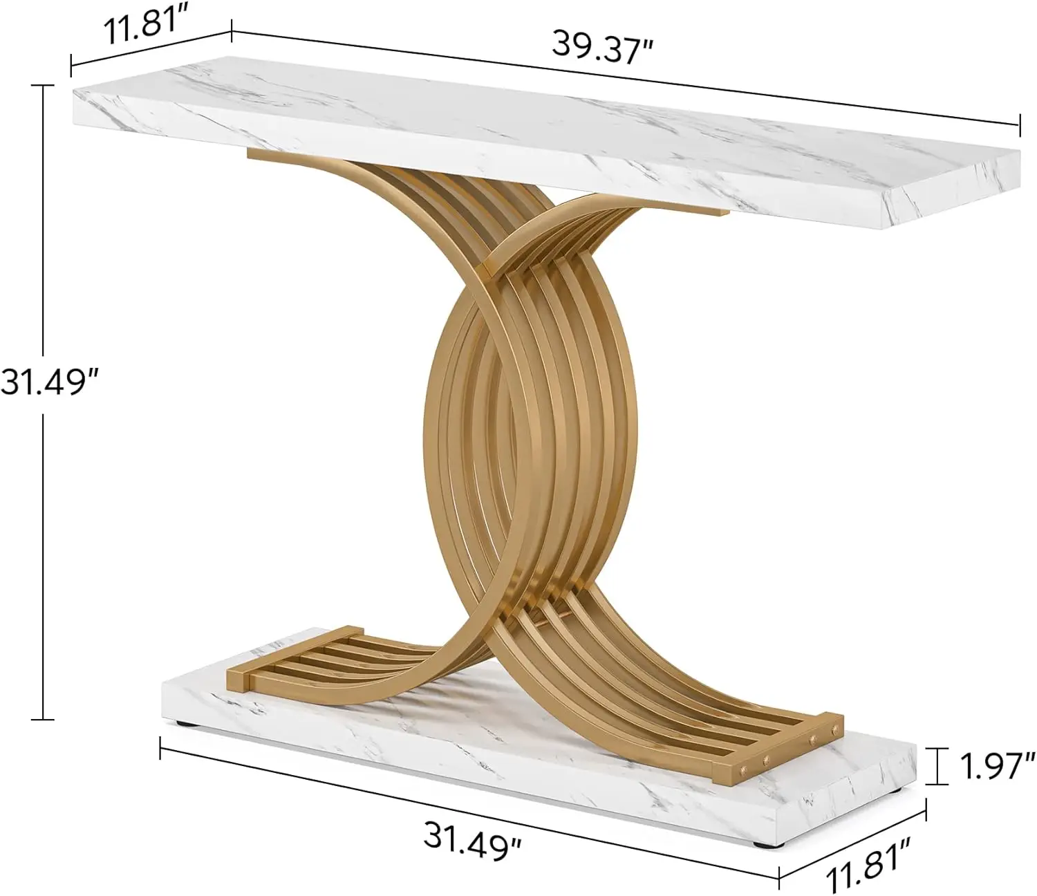 Gold Entryway Table, Modern 39-Inch Console/Accent Table with Geometric Metal Legs, Faux Marble Narrow Wood Sofa Tabl