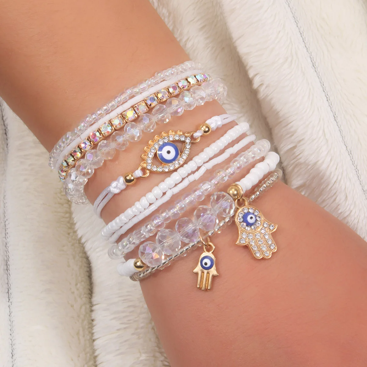 10 Teile/satz Mode Türkei Glück Auge Anhänger Reis Perlen Armband Glänzenden Strass Armband frauen Täglichen Dating Party Schmuck
