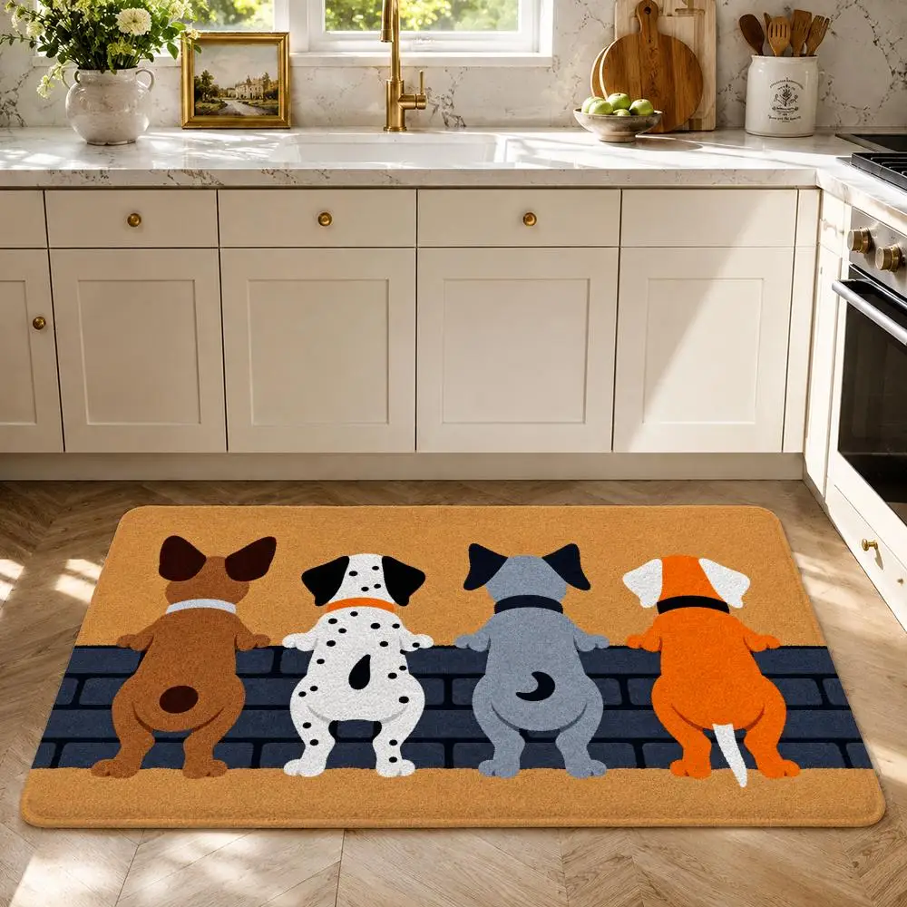 Four Dogs Peering Over Wall Floor Mat Flannel Rug Soft Non Slip Washable Door Mat For Bathroom Bedroom Kitchen Home Decor