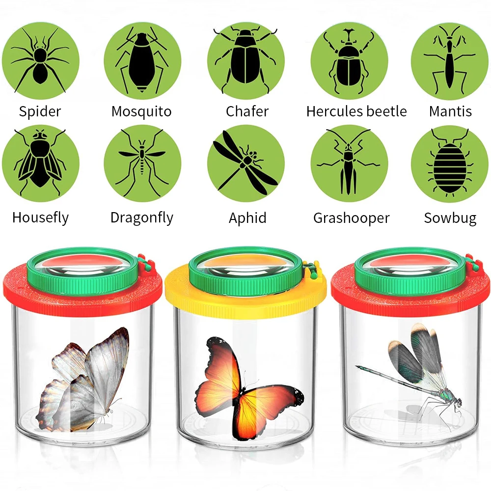 Portable Children Crawlers Animal Spider Insect Box 3X 6X Magnifying Glass Insect Cage Bug Jar for Science Nature Exploration