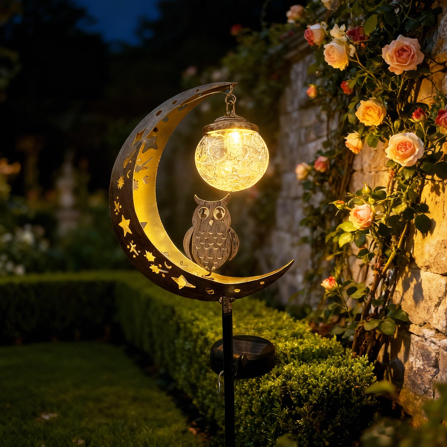 Solar-Powered Moon-Shaped Ground Light with Owl & Glass Ball Decorations for Outdoor Garden Patio Walkway Holiday Gift