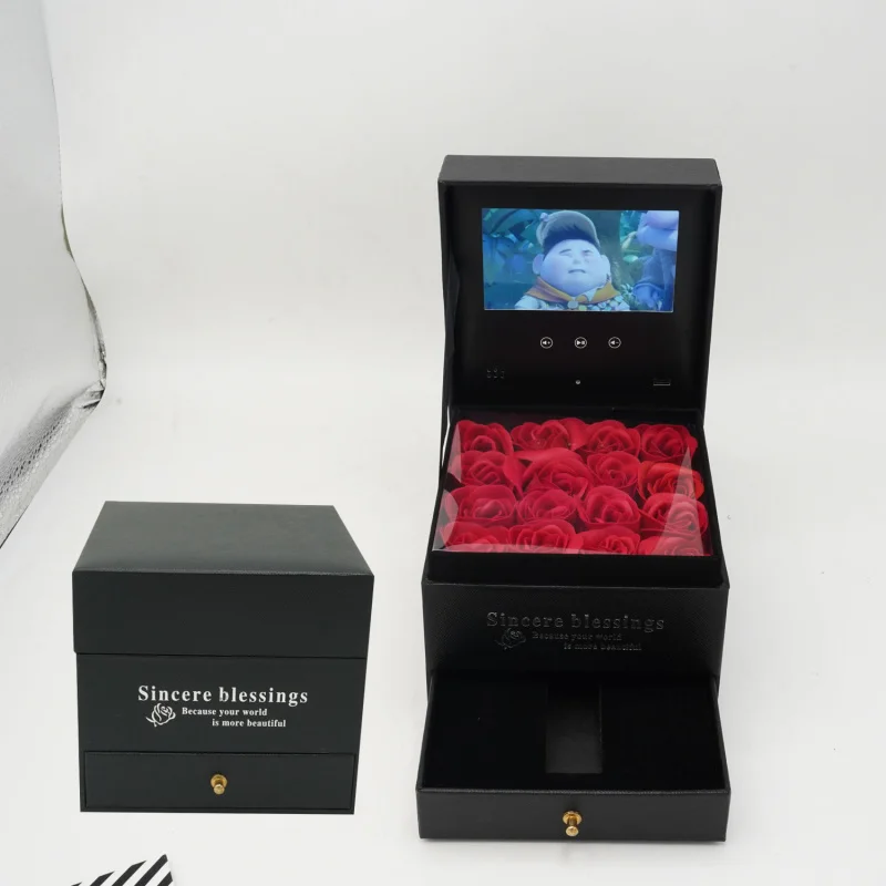 Luxury 4.3 Inch Lcd Screen Rigid box Ring Jewelry Rose Flower Packaging Custom Video Gift With Drawer
