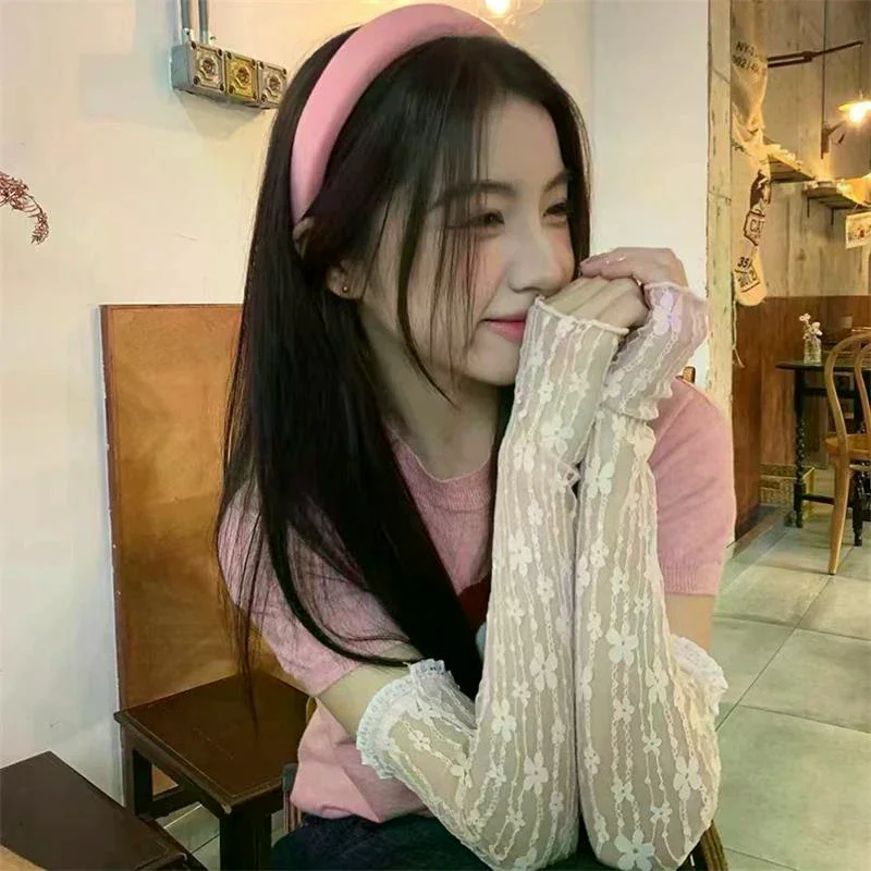 1pair Women Lace hollow-out Sun Uv Protection Fingerless Sleeves Thin Mesh Breathable Sleeves Summer Drive Cycling Sleeve