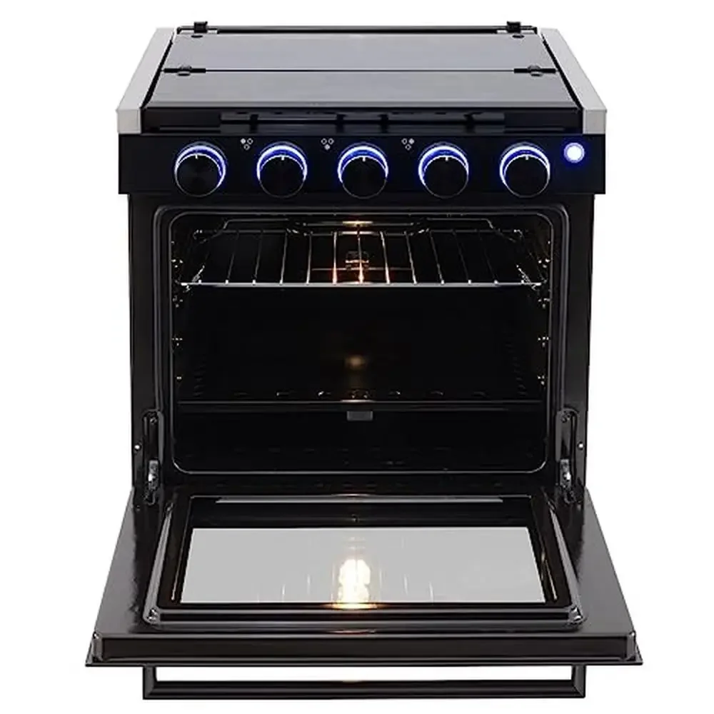 เตาแก๊ส 21" สูง 6500/8000 BTU Three Burner 7100 BTU เตาอบ 1.8 Cu. ความจุ Ft ตัวเลือก Vented Stainless Steel/Black RV