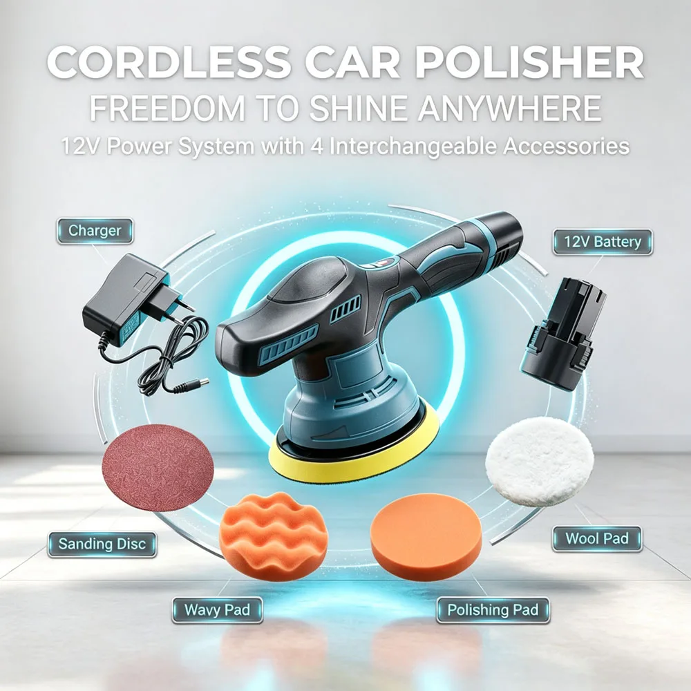 12V Cordless Car 8 Variable Speed Portable Polishing Waxing with Polishing Pads Kit Car Scratch Removal Lightweight Less Fatigue