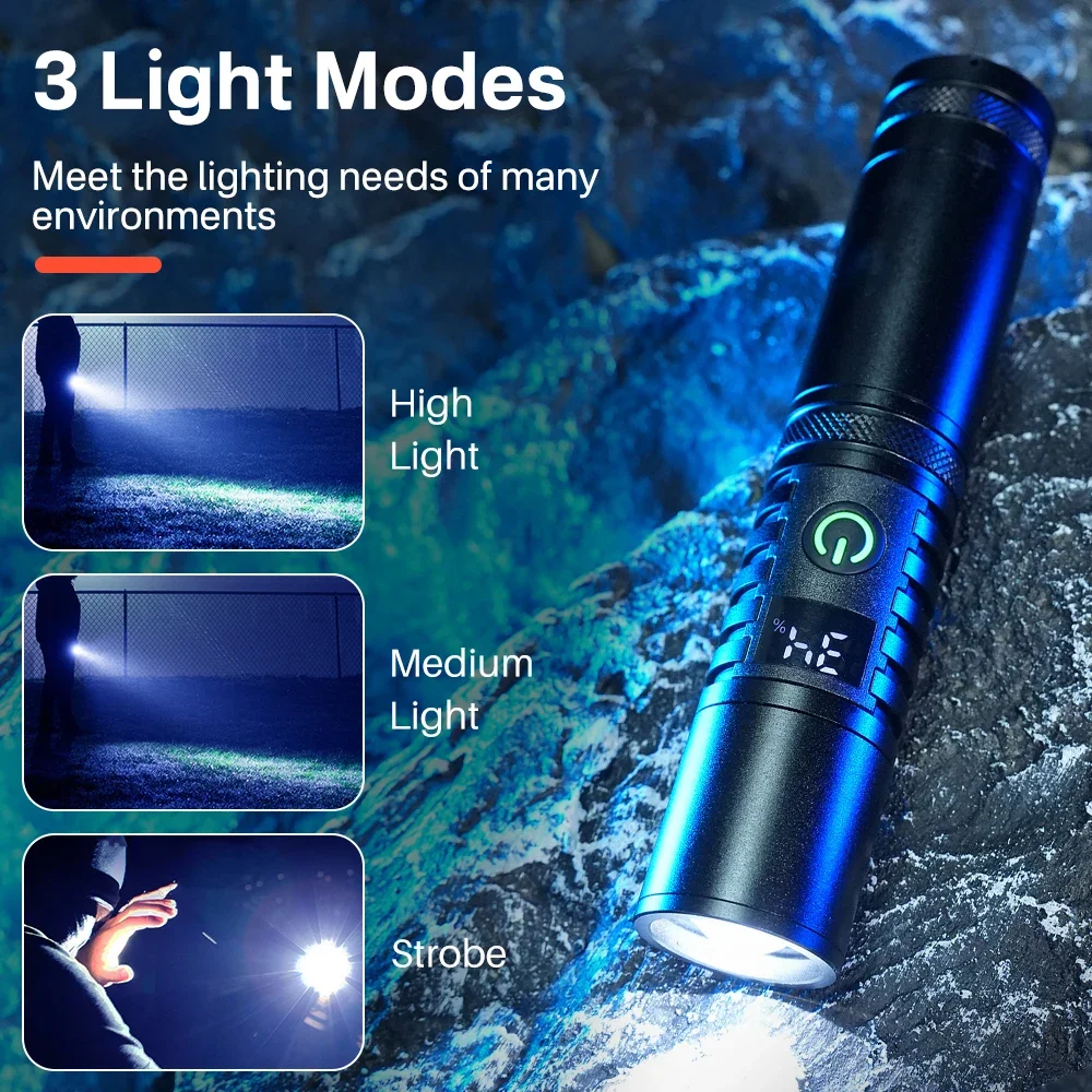 BORUiT Ultra Bright LED Flashlight 1000LM 3 Lighting Modes USB C Rechargeable Zoom Torch & Digital Display 18650/26650 Battery