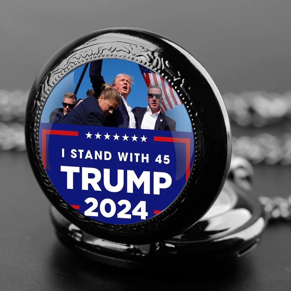 Trump 2024 Glass Dome Vintage Arabic Numerals Quartz Pocket Watch Necklace Pendant Clock Chain Men Women Supporter Fans