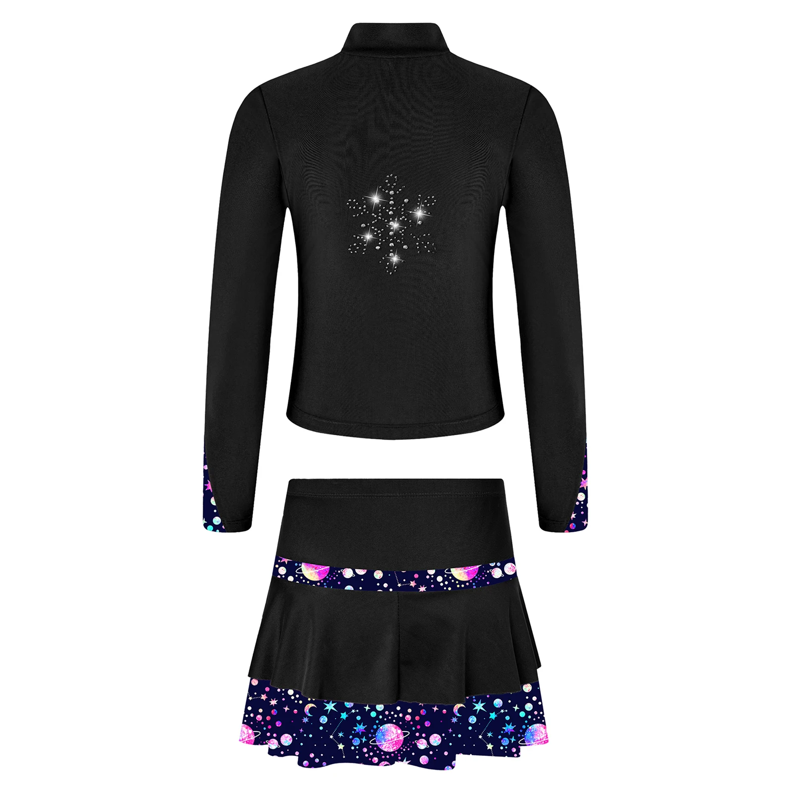 Kids Girls Figure Skating Competition Outfit 2Pcs Long Sleeve Zipper Front Printed Sweatshirt with Skirt Set for Fitness Workout